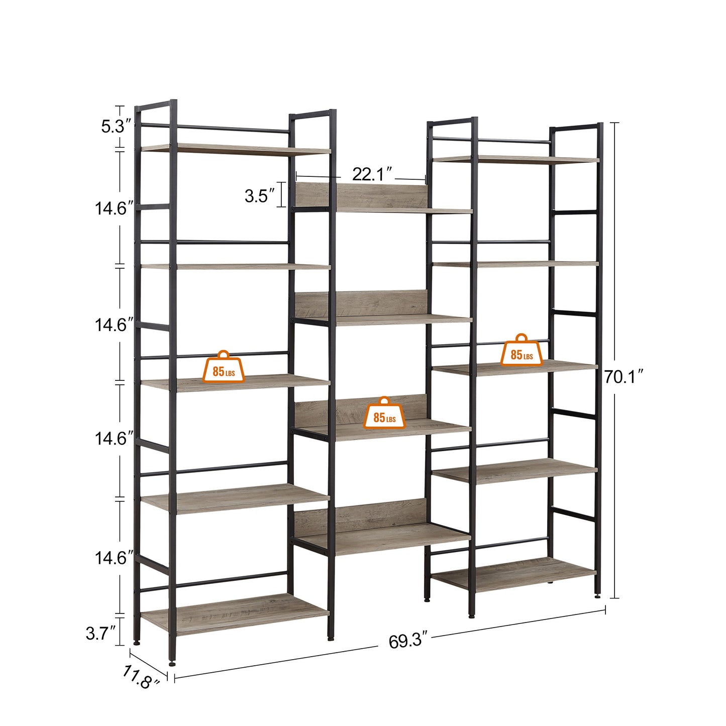 Triple Wide 5-shelf Bookshelves Industrial Retro Wooden Style Home and Office Large Open Bookshelves, Grey, 69.3"W x 11.8"D x 70.1"H