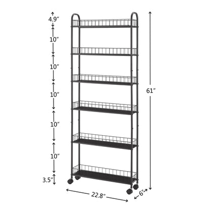 6-Tier Rolling Cart Gap Kitchen Slim Slide Out Storage Tower Rack with Wheels,6 Baskets,Kitchen,Bathroom Laundry Narrow Piaces Utility cart